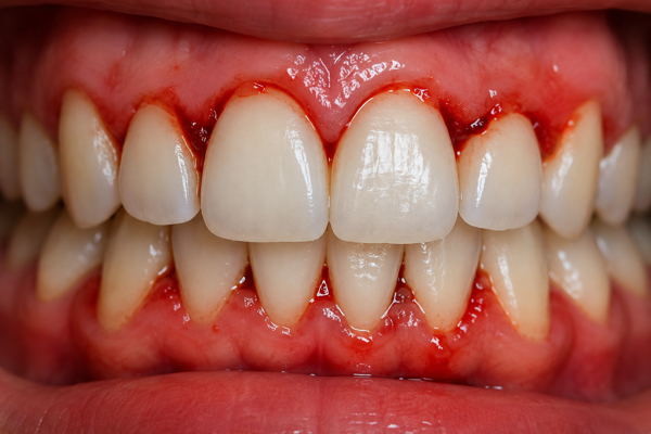 Bleeding gums caused by periodontal disease in a Toledo dental patient